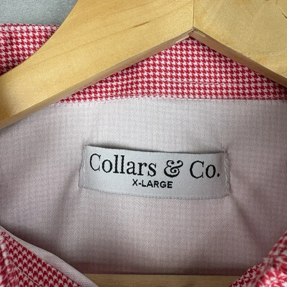 Collars & Co Dress Collar Polo Mens XL Red White Houndstooth Stretch Preppy